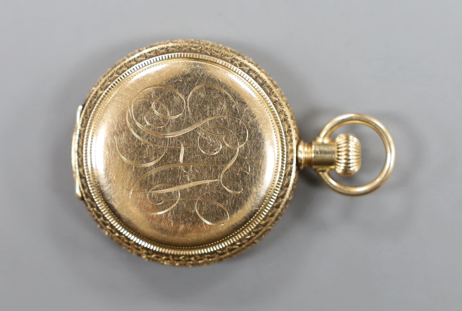 An early 20th century 14k Elgin hunter keyless fob watch, with Arabic dial and engraved monogram